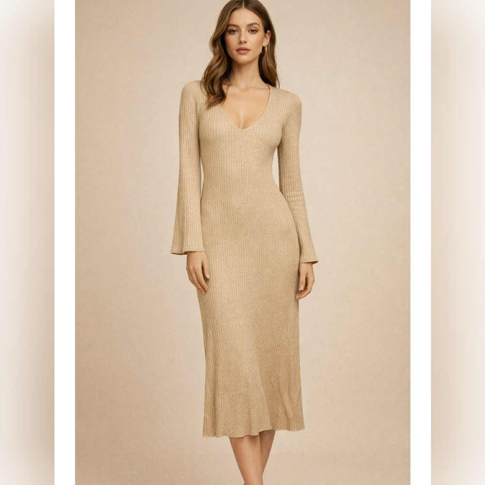 A New Day Beige Long Sleeve Knit Aline  Midi Dress